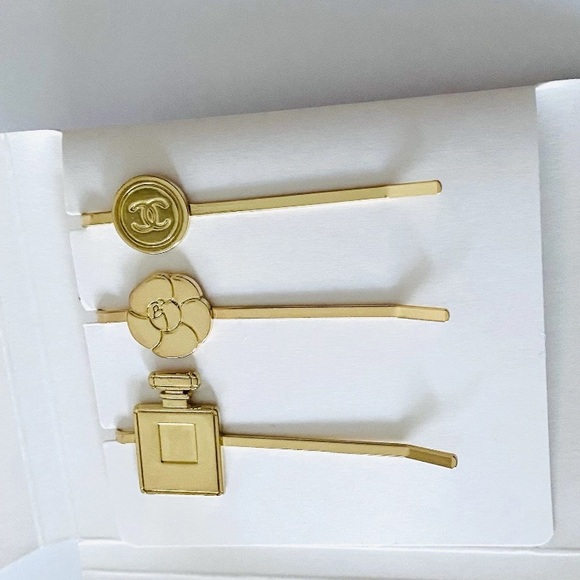 Brand New Authentic Chanel Gold Tone Metal Hair Bobby Pins (set of 3)